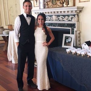 Lulu’s Beige Lace Halter Maxi Dress